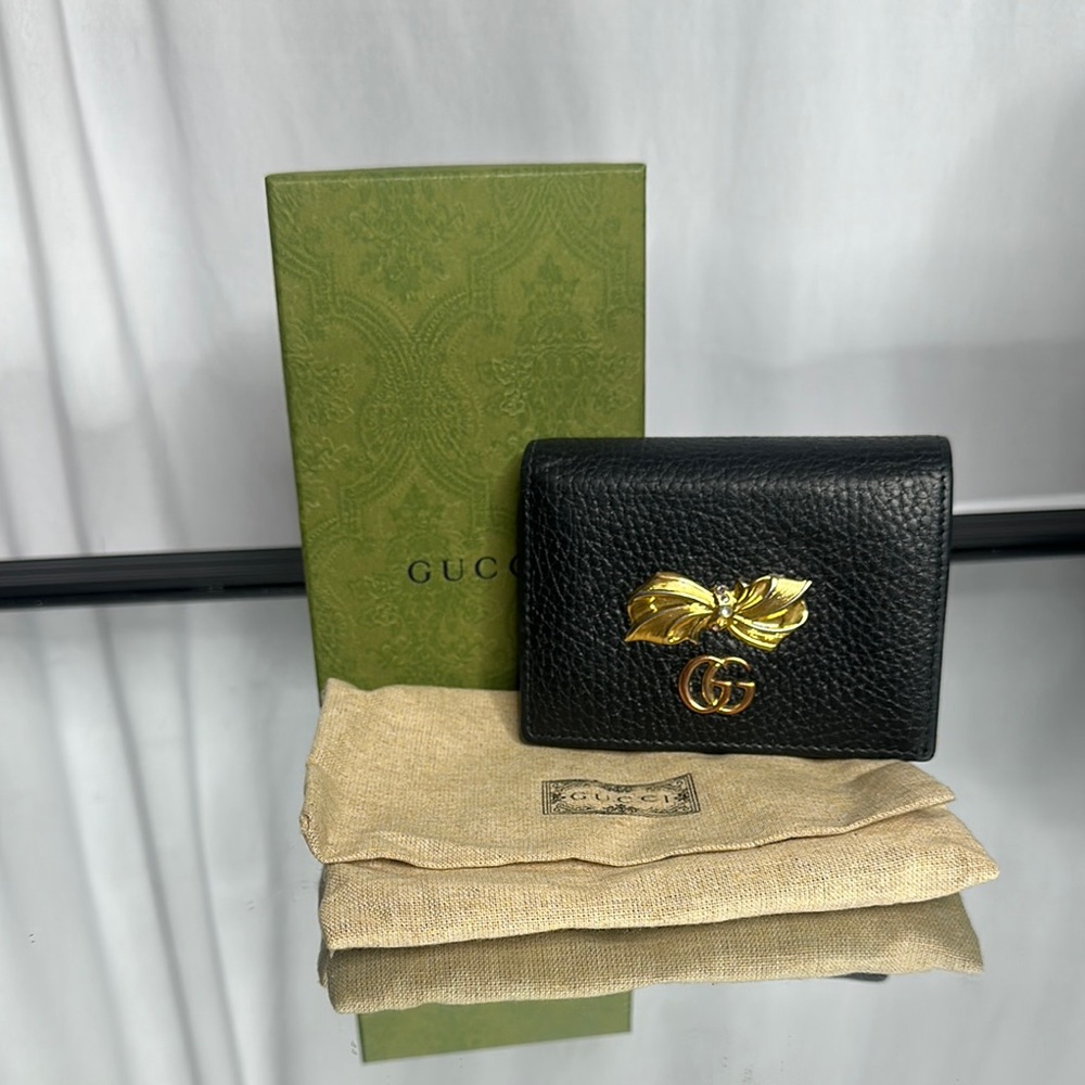 Gucci Black Wallet with Gold Bow Detail